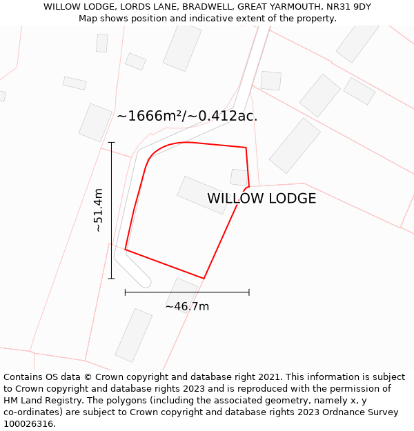 WILLOW LODGE, LORDS LANE, BRADWELL, GREAT YARMOUTH, NR31 9DY: Plot and title map