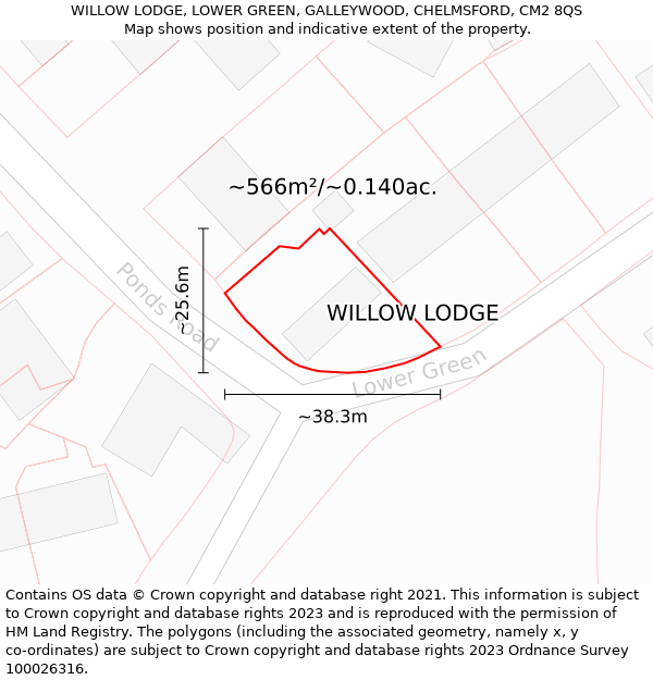 WILLOW LODGE, LOWER GREEN, GALLEYWOOD, CHELMSFORD, CM2 8QS: Plot and title map