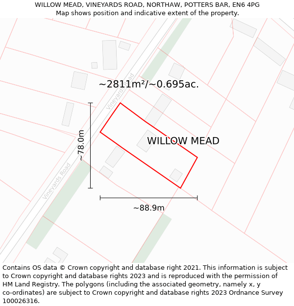 WILLOW MEAD, VINEYARDS ROAD, NORTHAW, POTTERS BAR, EN6 4PG: Plot and title map