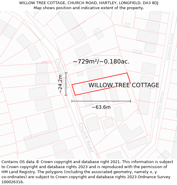WILLOW TREE COTTAGE, CHURCH ROAD, HARTLEY, LONGFIELD, DA3 8DJ: Plot and title map