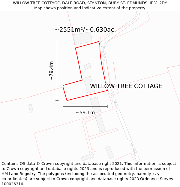 WILLOW TREE COTTAGE, DALE ROAD, STANTON, BURY ST. EDMUNDS, IP31 2DY: Plot and title map