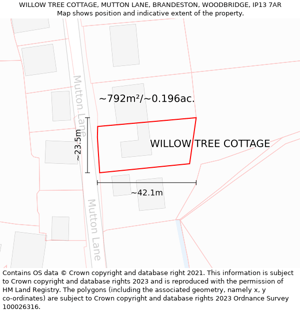 WILLOW TREE COTTAGE, MUTTON LANE, BRANDESTON, WOODBRIDGE, IP13 7AR: Plot and title map