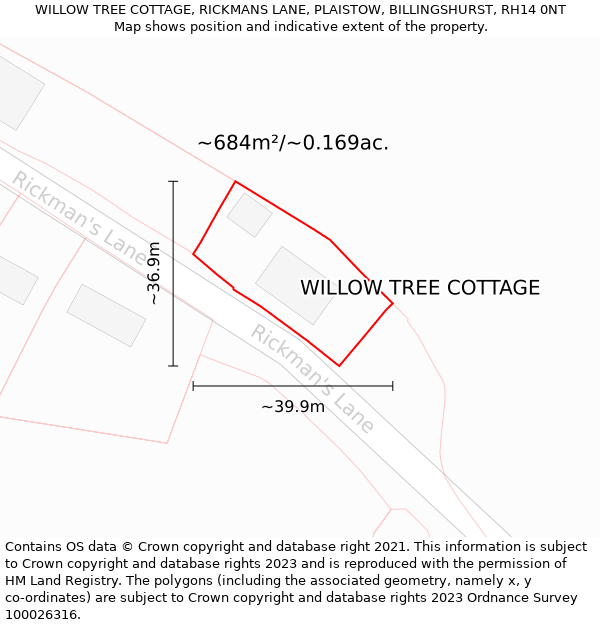 WILLOW TREE COTTAGE, RICKMANS LANE, PLAISTOW, BILLINGSHURST, RH14 0NT: Plot and title map