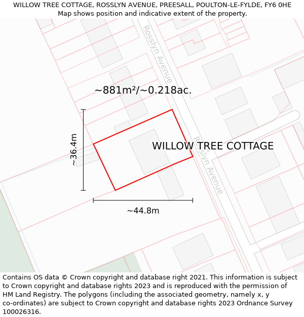 WILLOW TREE COTTAGE, ROSSLYN AVENUE, PREESALL, POULTON-LE-FYLDE, FY6 0HE: Plot and title map