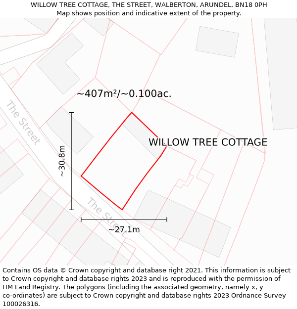 WILLOW TREE COTTAGE, THE STREET, WALBERTON, ARUNDEL, BN18 0PH: Plot and title map