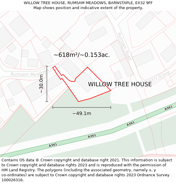 WILLOW TREE HOUSE, RUMSAM MEADOWS, BARNSTAPLE, EX32 9FF: Plot and title map