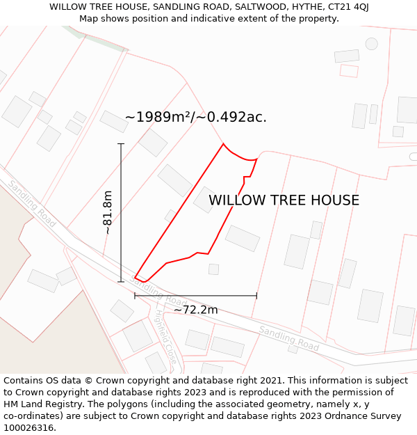 WILLOW TREE HOUSE, SANDLING ROAD, SALTWOOD, HYTHE, CT21 4QJ: Plot and title map