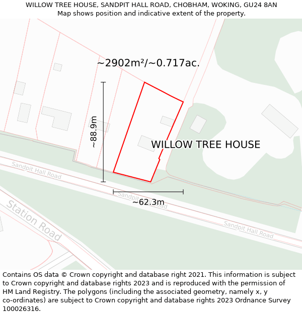 WILLOW TREE HOUSE, SANDPIT HALL ROAD, CHOBHAM, WOKING, GU24 8AN: Plot and title map