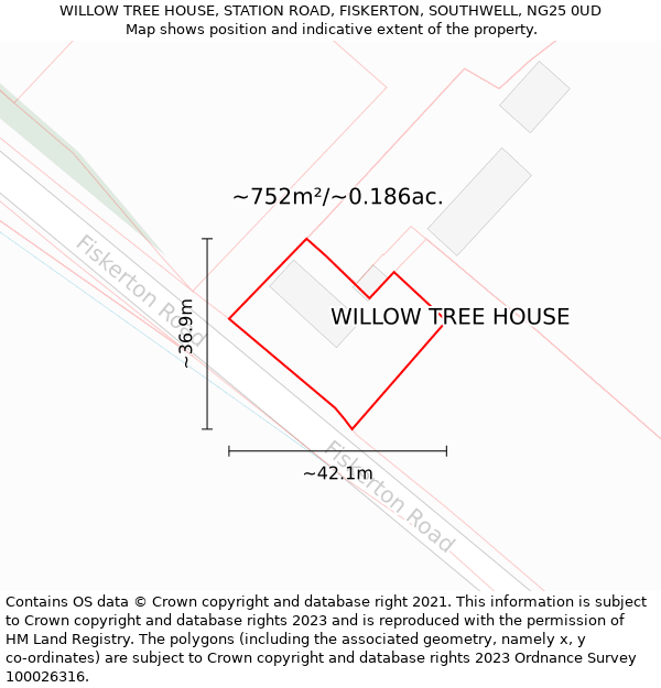 WILLOW TREE HOUSE, STATION ROAD, FISKERTON, SOUTHWELL, NG25 0UD: Plot and title map