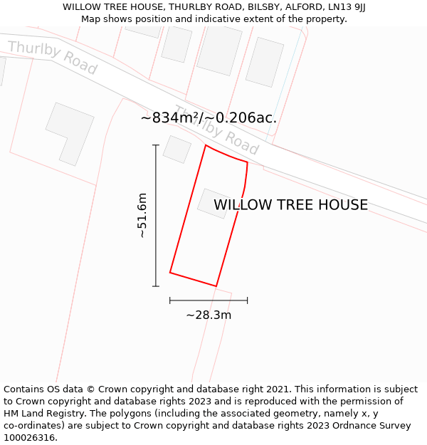 WILLOW TREE HOUSE, THURLBY ROAD, BILSBY, ALFORD, LN13 9JJ: Plot and title map