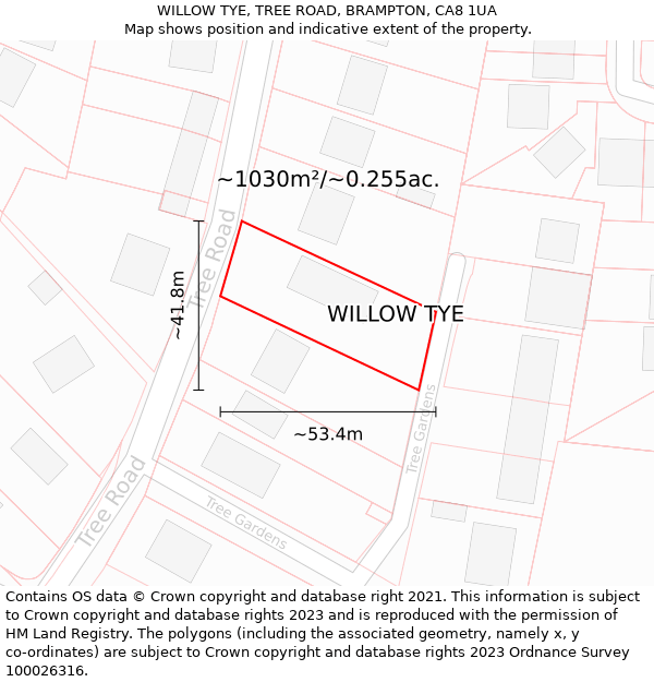 WILLOW TYE, TREE ROAD, BRAMPTON, CA8 1UA: Plot and title map