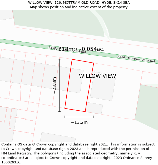 WILLOW VIEW, 126, MOTTRAM OLD ROAD, HYDE, SK14 3BA: Plot and title map