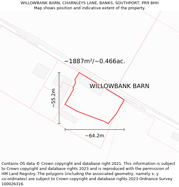 WILLOWBANK BARN, CHARNLEYS LANE, BANKS, SOUTHPORT, PR9 8HH: Plot and title map