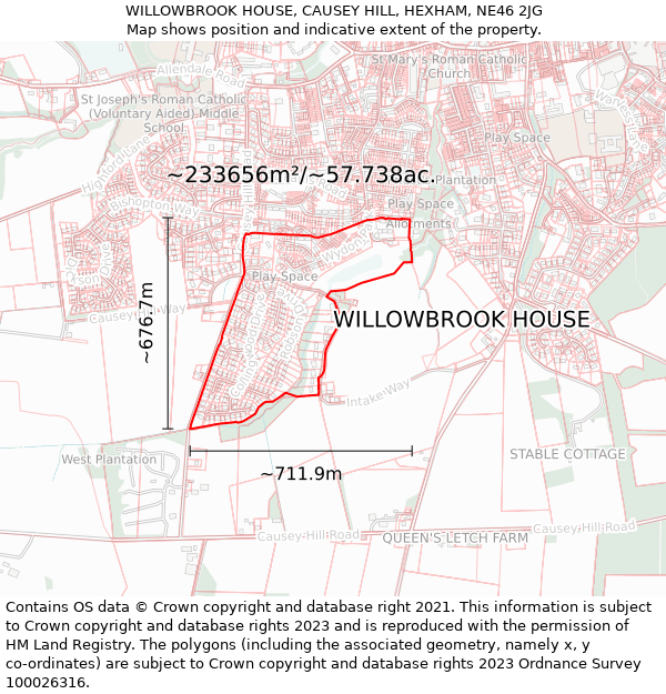 WILLOWBROOK HOUSE, CAUSEY HILL, HEXHAM, NE46 2JG: Plot and title map