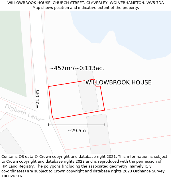 WILLOWBROOK HOUSE, CHURCH STREET, CLAVERLEY, WOLVERHAMPTON, WV5 7DA: Plot and title map