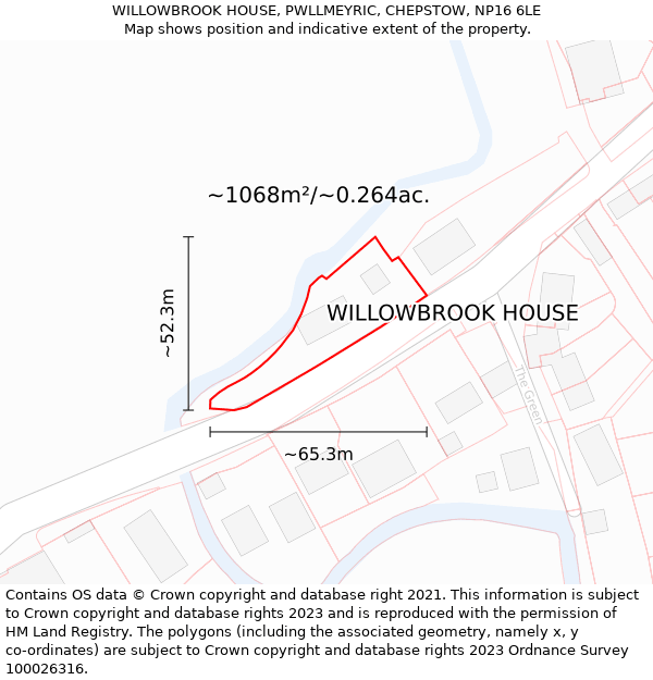 WILLOWBROOK HOUSE, PWLLMEYRIC, CHEPSTOW, NP16 6LE: Plot and title map
