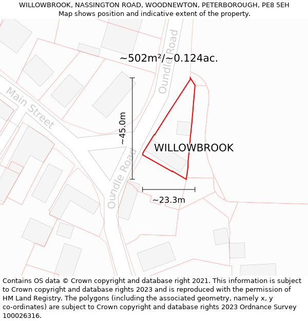 WILLOWBROOK, NASSINGTON ROAD, WOODNEWTON, PETERBOROUGH, PE8 5EH: Plot and title map