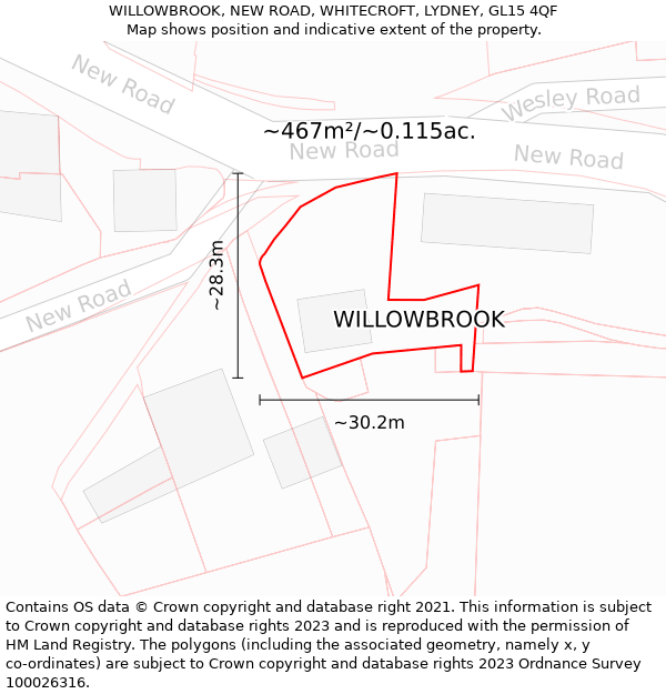 WILLOWBROOK, NEW ROAD, WHITECROFT, LYDNEY, GL15 4QF: Plot and title map