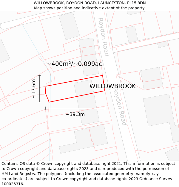 WILLOWBROOK, ROYDON ROAD, LAUNCESTON, PL15 8DN: Plot and title map