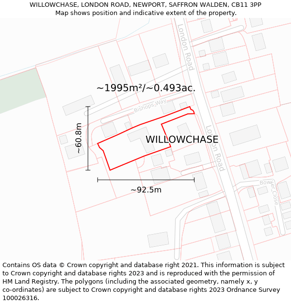 WILLOWCHASE, LONDON ROAD, NEWPORT, SAFFRON WALDEN, CB11 3PP: Plot and title map