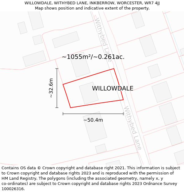 WILLOWDALE, WITHYBED LANE, INKBERROW, WORCESTER, WR7 4JJ: Plot and title map