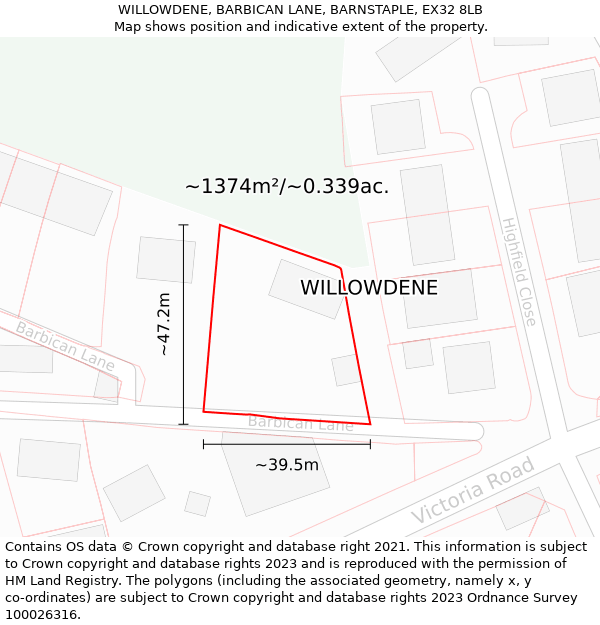 WILLOWDENE, BARBICAN LANE, BARNSTAPLE, EX32 8LB: Plot and title map