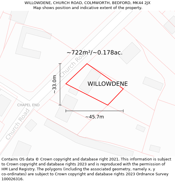 WILLOWDENE, CHURCH ROAD, COLMWORTH, BEDFORD, MK44 2JX: Plot and title map