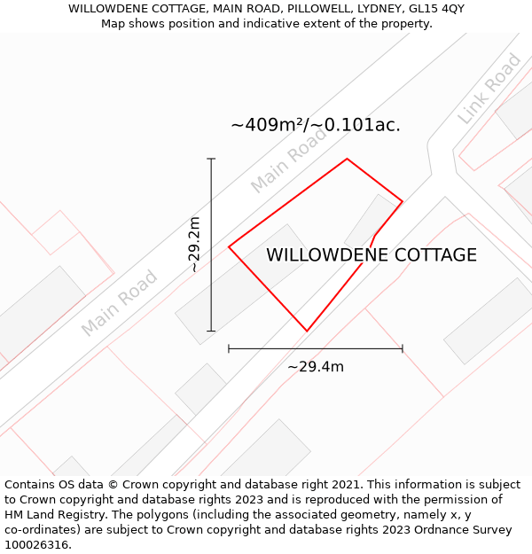 WILLOWDENE COTTAGE, MAIN ROAD, PILLOWELL, LYDNEY, GL15 4QY: Plot and title map