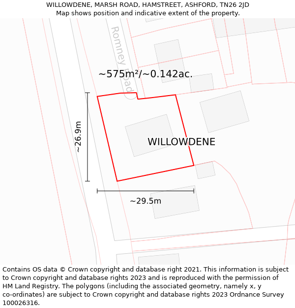 WILLOWDENE, MARSH ROAD, HAMSTREET, ASHFORD, TN26 2JD: Plot and title map