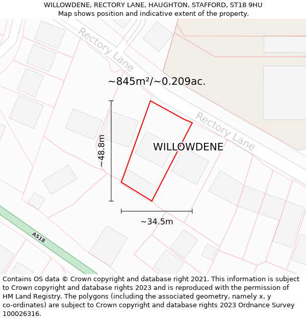 WILLOWDENE, RECTORY LANE, HAUGHTON, STAFFORD, ST18 9HU: Plot and title map