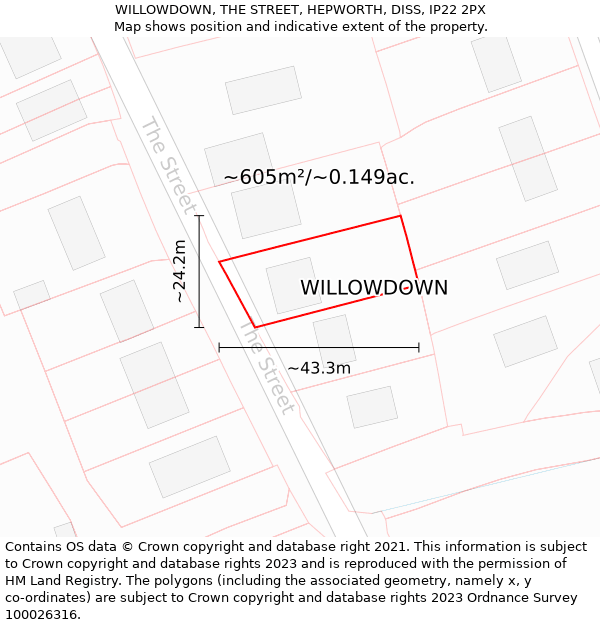 WILLOWDOWN, THE STREET, HEPWORTH, DISS, IP22 2PX: Plot and title map