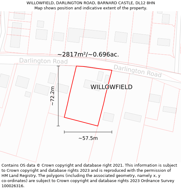 WILLOWFIELD, DARLINGTON ROAD, BARNARD CASTLE, DL12 8HN: Plot and title map