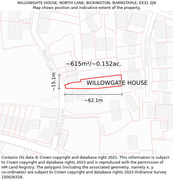 WILLOWGATE HOUSE, NORTH LANE, BICKINGTON, BARNSTAPLE, EX31 2JN: Plot and title map