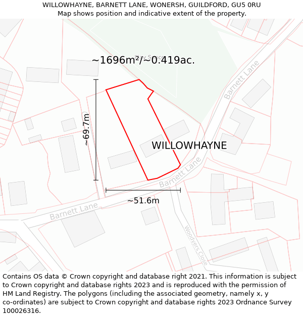 WILLOWHAYNE, BARNETT LANE, WONERSH, GUILDFORD, GU5 0RU: Plot and title map