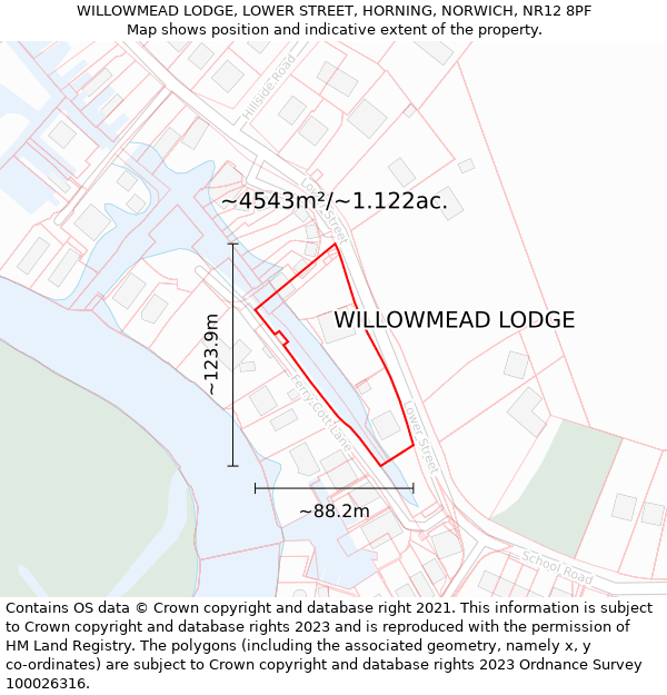 WILLOWMEAD LODGE, LOWER STREET, HORNING, NORWICH, NR12 8PF: Plot and title map