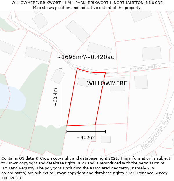 WILLOWMERE, BRIXWORTH HALL PARK, BRIXWORTH, NORTHAMPTON, NN6 9DE: Plot and title map