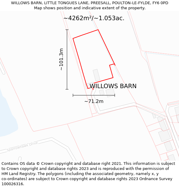 WILLOWS BARN, LITTLE TONGUES LANE, PREESALL, POULTON-LE-FYLDE, FY6 0PD: Plot and title map