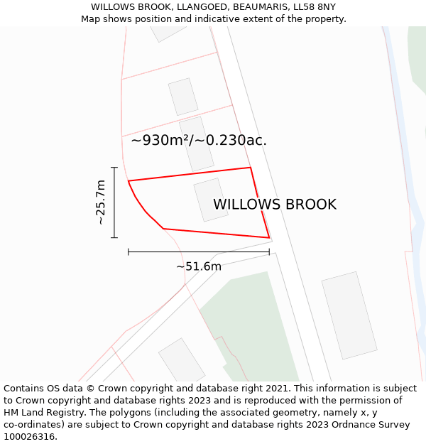 WILLOWS BROOK, LLANGOED, BEAUMARIS, LL58 8NY: Plot and title map