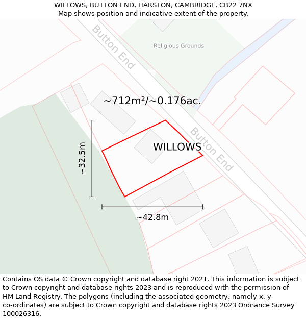 WILLOWS, BUTTON END, HARSTON, CAMBRIDGE, CB22 7NX: Plot and title map