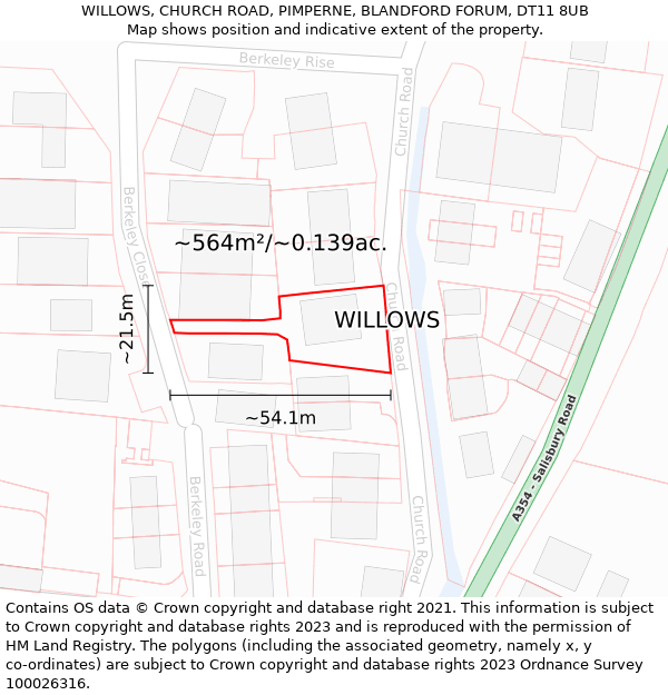 WILLOWS, CHURCH ROAD, PIMPERNE, BLANDFORD FORUM, DT11 8UB: Plot and title map