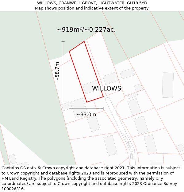 WILLOWS, CRANWELL GROVE, LIGHTWATER, GU18 5YD: Plot and title map