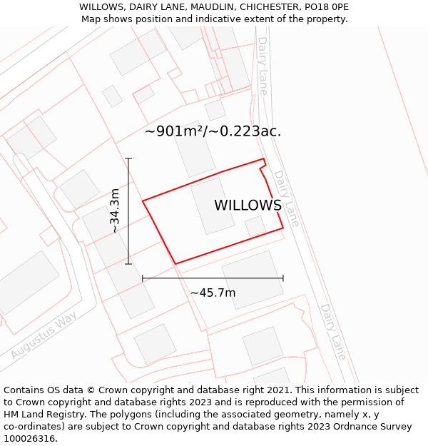 WILLOWS, DAIRY LANE, MAUDLIN, CHICHESTER, PO18 0PE: Plot and title map