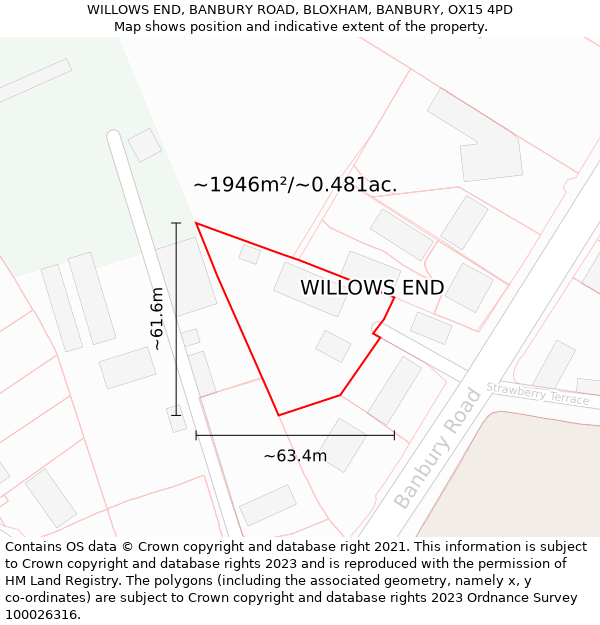WILLOWS END, BANBURY ROAD, BLOXHAM, BANBURY, OX15 4PD: Plot and title map