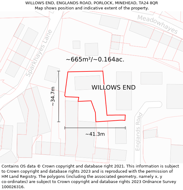 WILLOWS END, ENGLANDS ROAD, PORLOCK, MINEHEAD, TA24 8QR: Plot and title map