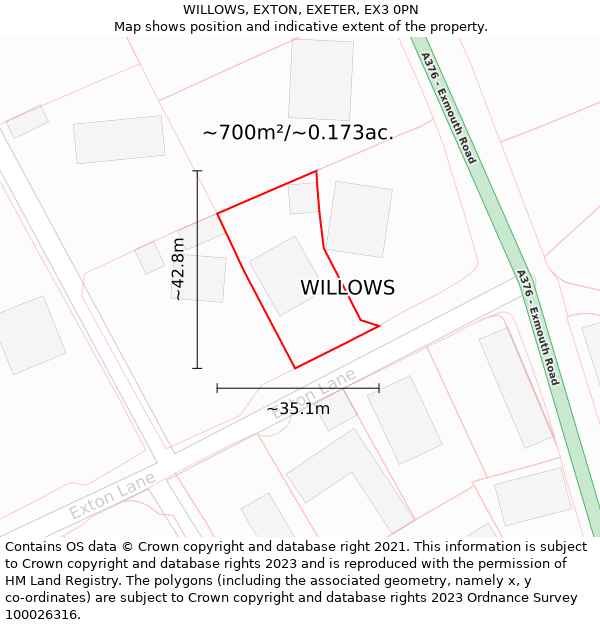WILLOWS, EXTON, EXETER, EX3 0PN: Plot and title map