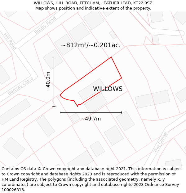 WILLOWS, HILL ROAD, FETCHAM, LEATHERHEAD, KT22 9SZ: Plot and title map