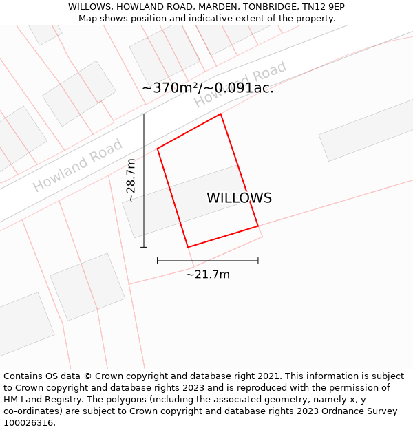 WILLOWS, HOWLAND ROAD, MARDEN, TONBRIDGE, TN12 9EP: Plot and title map