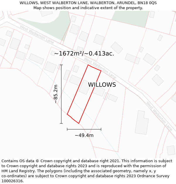 WILLOWS, WEST WALBERTON LANE, WALBERTON, ARUNDEL, BN18 0QS: Plot and title map