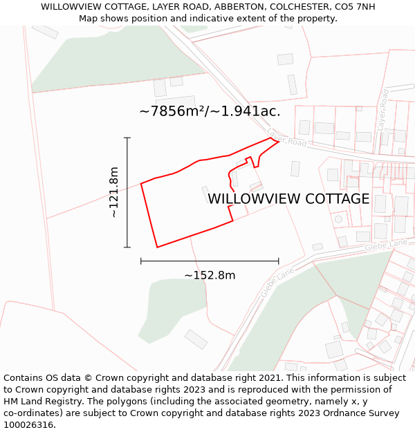 WILLOWVIEW COTTAGE, LAYER ROAD, ABBERTON, COLCHESTER, CO5 7NH: Plot and title map