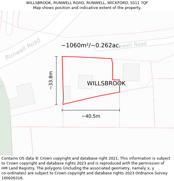 WILLSBROOK, RUNWELL ROAD, RUNWELL, WICKFORD, SS11 7QF: Plot and title map
